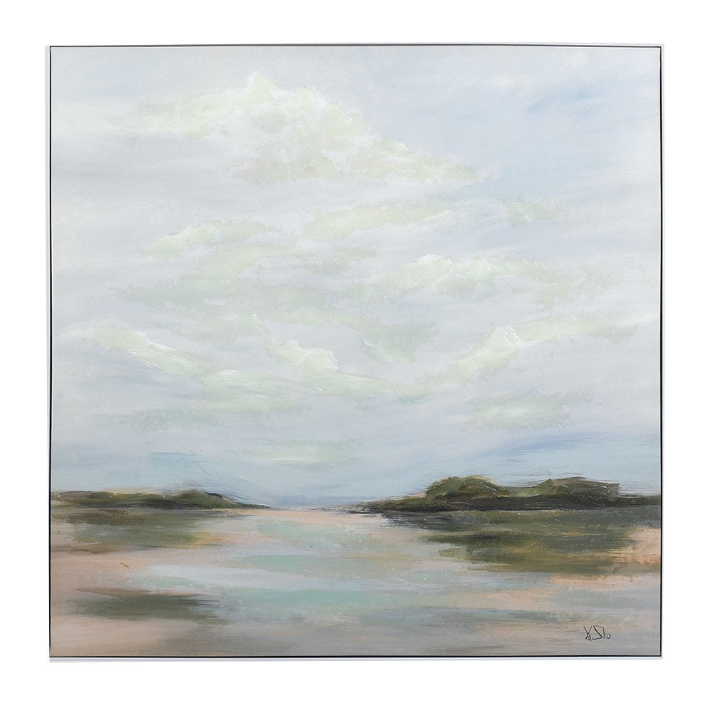 Tranquil Coastal Landscape Wall Art Painting by YaSko featuring soft clouds and shoreline reflection