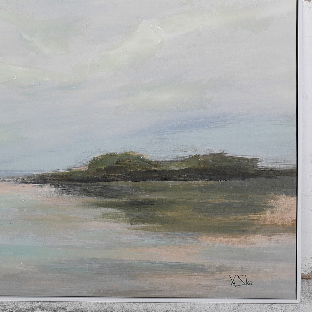 Close-up of Tranquil Coastal Landscape Painting showing brushstroke texture and framed edge