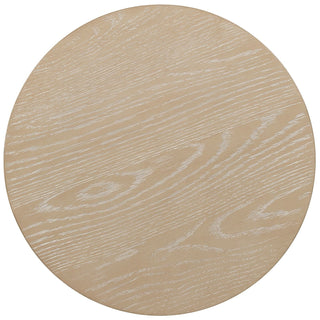 Overhead view of the Tranquility side table's round light oak top with natural grain