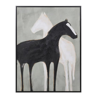 Framed abstract horse wall art featuring a black horse in front of a white horse on a gray background, enclosed in a thin black frame.
