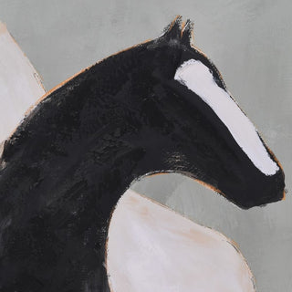 Abstract painting of a horse head with black, white, and beige colors on a gray background
