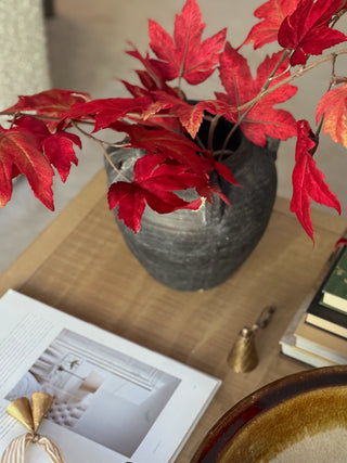 Red autumn maple leaves in a dark textured ceramic vase, styled on a wooden table with an open book and books in the background.