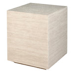 Verona travertine effect side table in cube design, angled view
