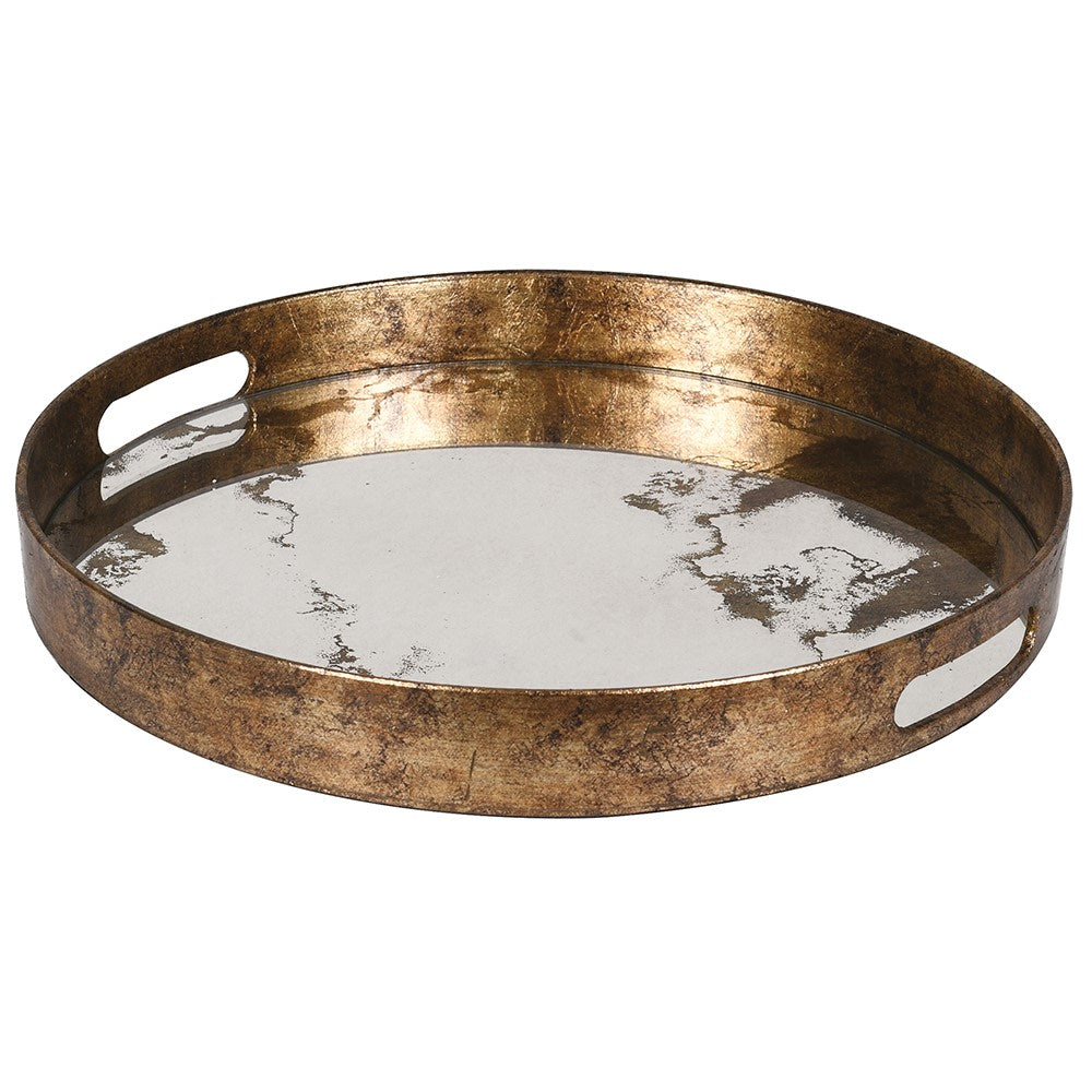 round rustic gold serving tray with antiqued mirror marble effect base and side handles