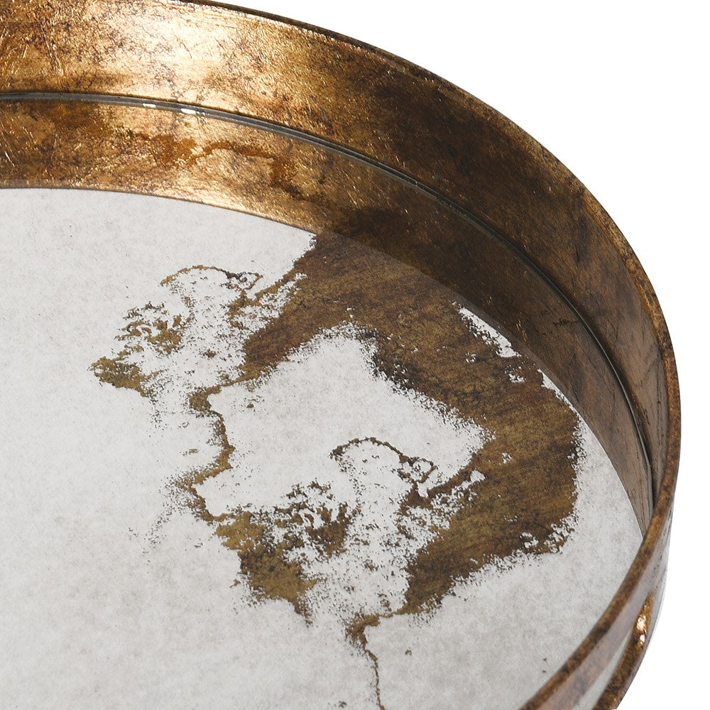 Round rustic gold serving tray with antiqued mirror marble effect base and side handles