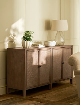 Lansdown natural Bayur wood sideboard with two cupboards and brass handles