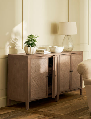 Lansdown natural Bayur wood sideboard with two cupboards and brass handles