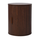Walnut effect round bedside table showing inner storage shelves and curved door