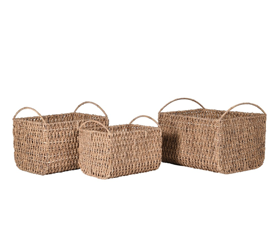 Set of three water hyacinth baskets in different sizes with handles