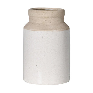 Wells two-tone ceramic vase with speckled glazed white body and raw sand-toned collar
