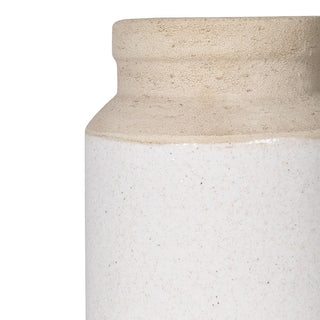 Close-up of Wells vase showing contrast between speckled glaze and raw textured sand collar