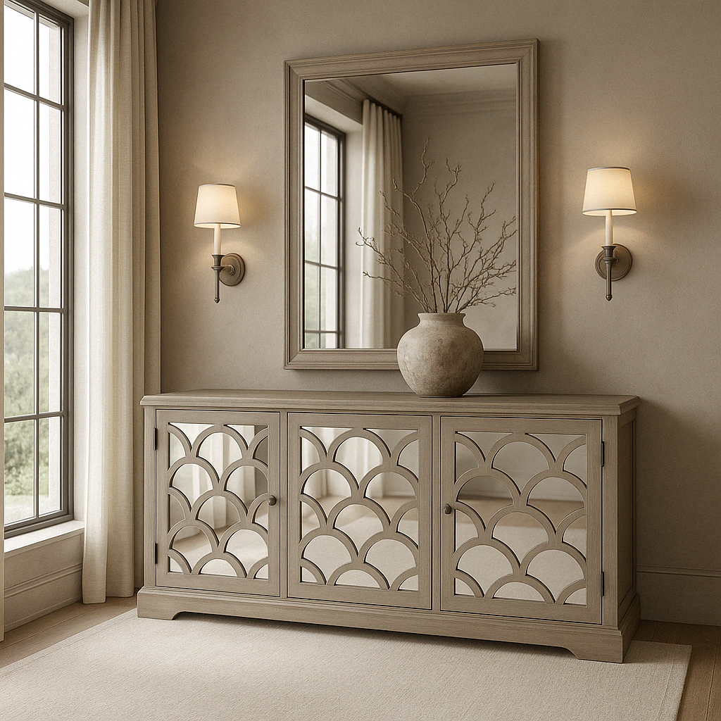 Elevate your interior with the elegant Wenlock Sideboard, expertly crafted from premium grey oak and oak veneer. Designed to bring a sophisticated yet modern touch to any room, this stylish sideboard features three cabinet doors adorned with mirrored panels and a scallop overlay pattern, creating a striking visual statement.

The Wenlock is perfect for both storage and display, offering generous internal shelving to organize your living room, dining space, or hallway. Its neutral grey finish pairs beautiful
