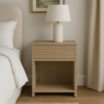 Wenlock bedside table in oak and oak veneer, MDF. Ribbed side panels and front drawer. Cubby hole. Drawers on metal runners, visible grain.

Dimensions:

W45cm H60cm D40cm

25kgs