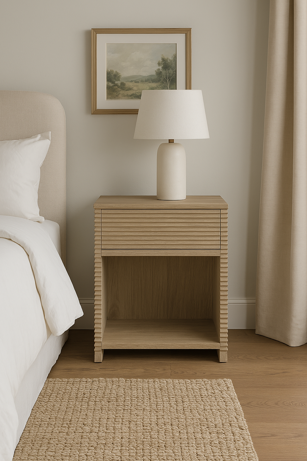 Wenlock bedside table in oak and oak veneer, MDF. Ribbed side panels and front drawer. Cubby hole. Drawers on metal runners, visible grain.

Dimensions:

W45cm H60cm D40cm

25kgs