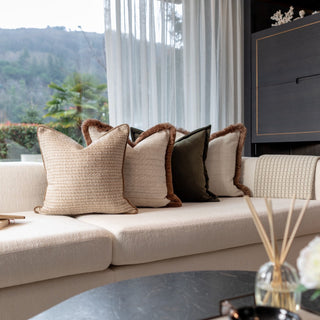 Sapperton cushion quartet in juniper green, anise green, champagne and dune