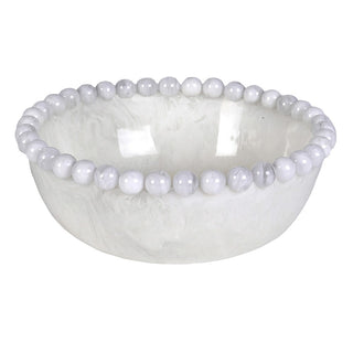 A white marble bowl with a beaded rim made of smooth, polished white beads, shown on a solid white background.