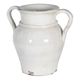 White ceramic vase with two handles and a rustic glazed finish