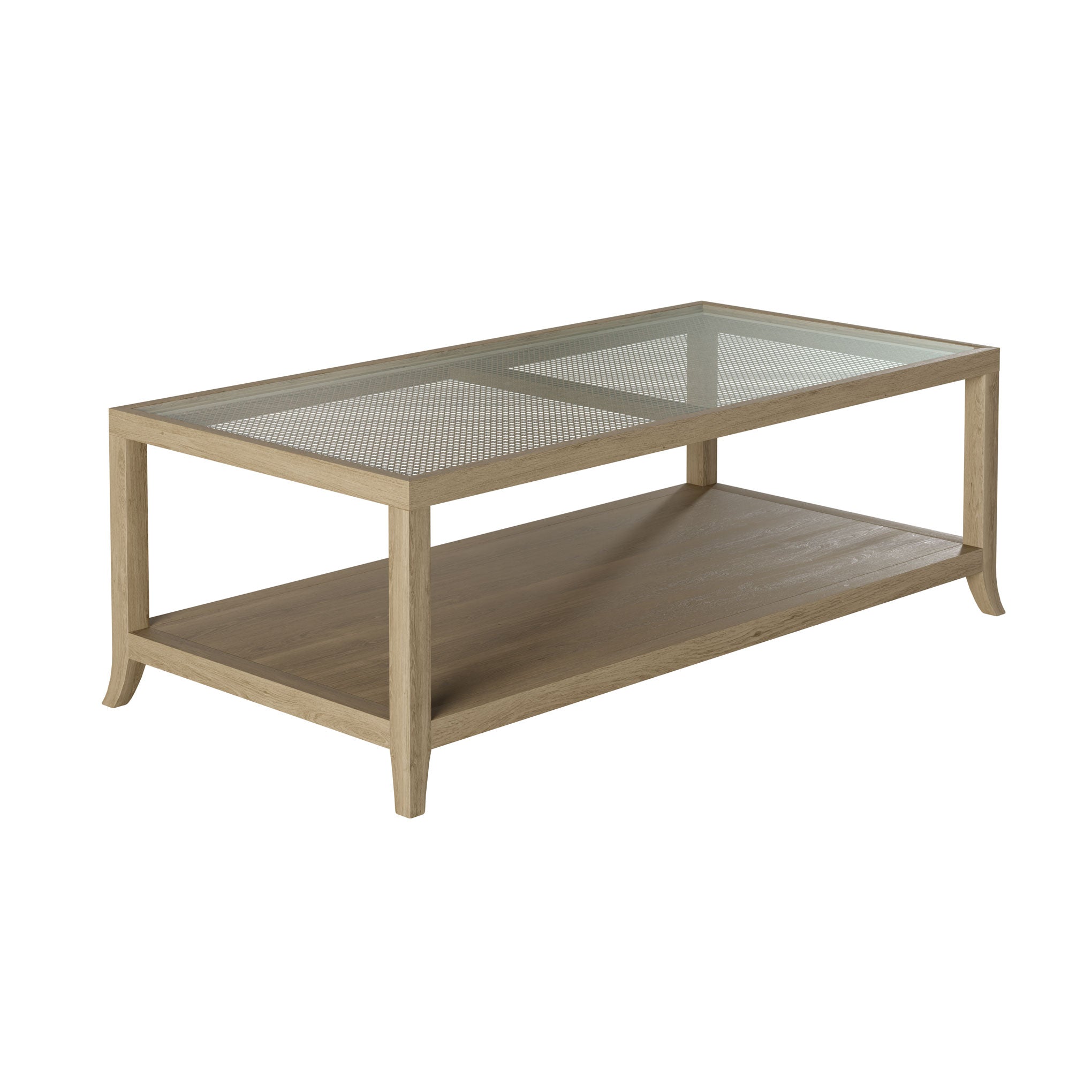 Grey oak and oak veneer coffee table with a glass top sitting on rattan latticed underside with tapered legs and a shelf underneath.