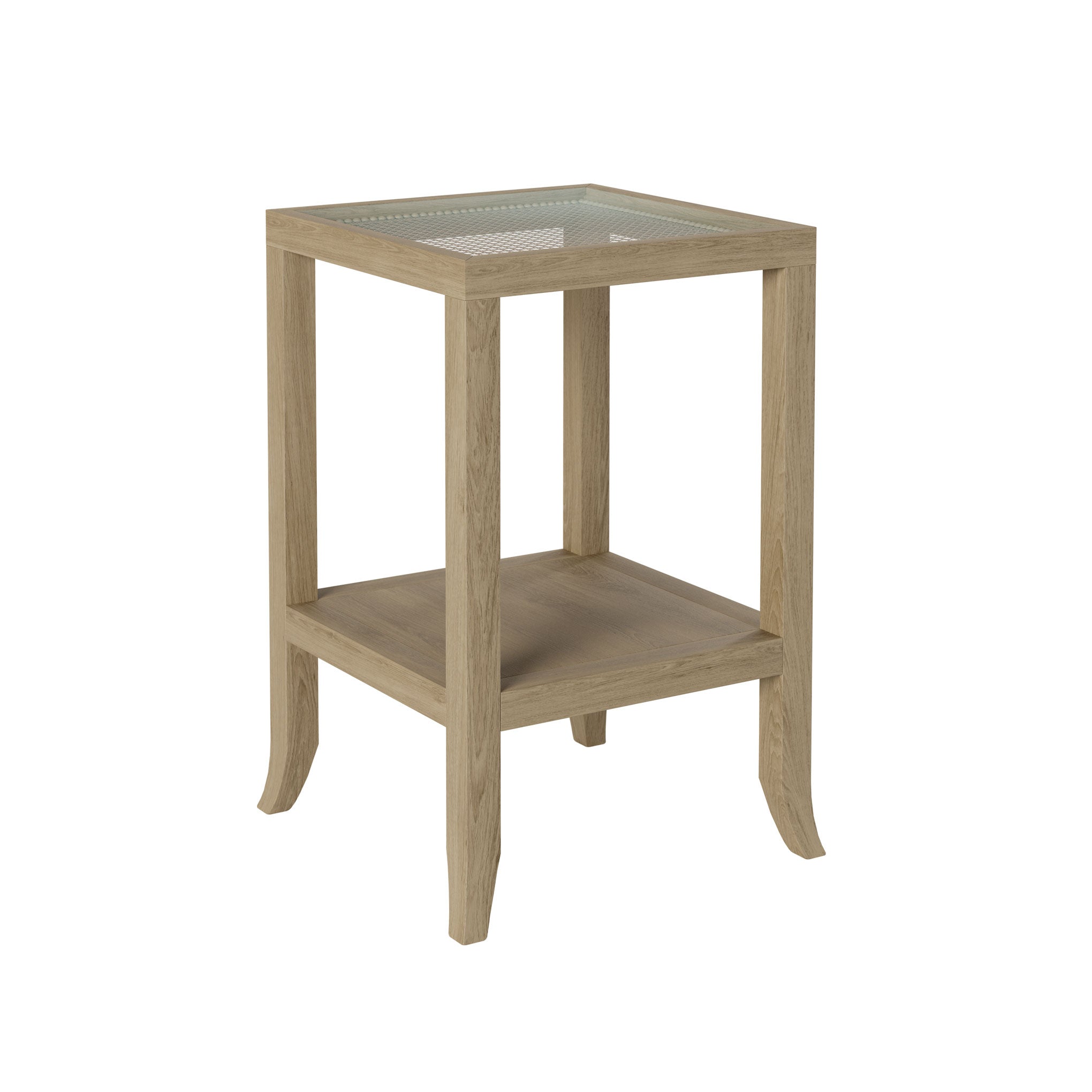 A stunning end table crafted in aged oak featuring a glass top, tapered legs and a shelf underneath.
