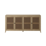 Witley is a stunning sideboard in grey aged oak and oak veneer, featuring a rattan latticed front, drawers on wooden runners, painted grey on inside, tapered legs, small round gun metal style handles