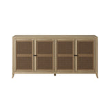 Witley is a stunning sideboard in grey aged oak and oak veneer, featuring a rattan latticed front, drawers on wooden runners, painted grey on inside, tapered legs, small round gun metal style handles
