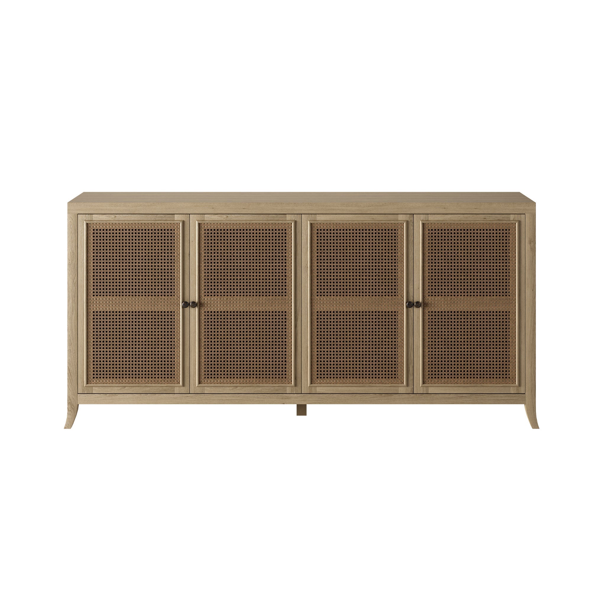 Witley is a stunning sideboard in grey aged oak and oak veneer, featuring a rattan latticed front, drawers on wooden runners, painted grey on inside, tapered legs, small round gun metal style handles