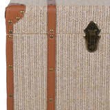 Close-up of woven texture and brass latch on trunk