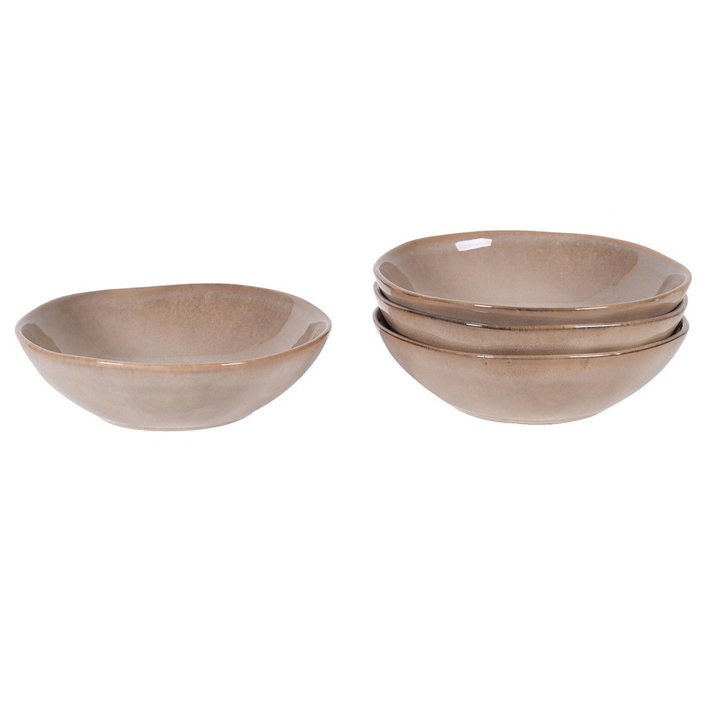 Set of four 19cm neutral stoneware bowls stacked on a white background