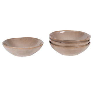 Set of four 19cm neutral stoneware bowls stacked on a white background