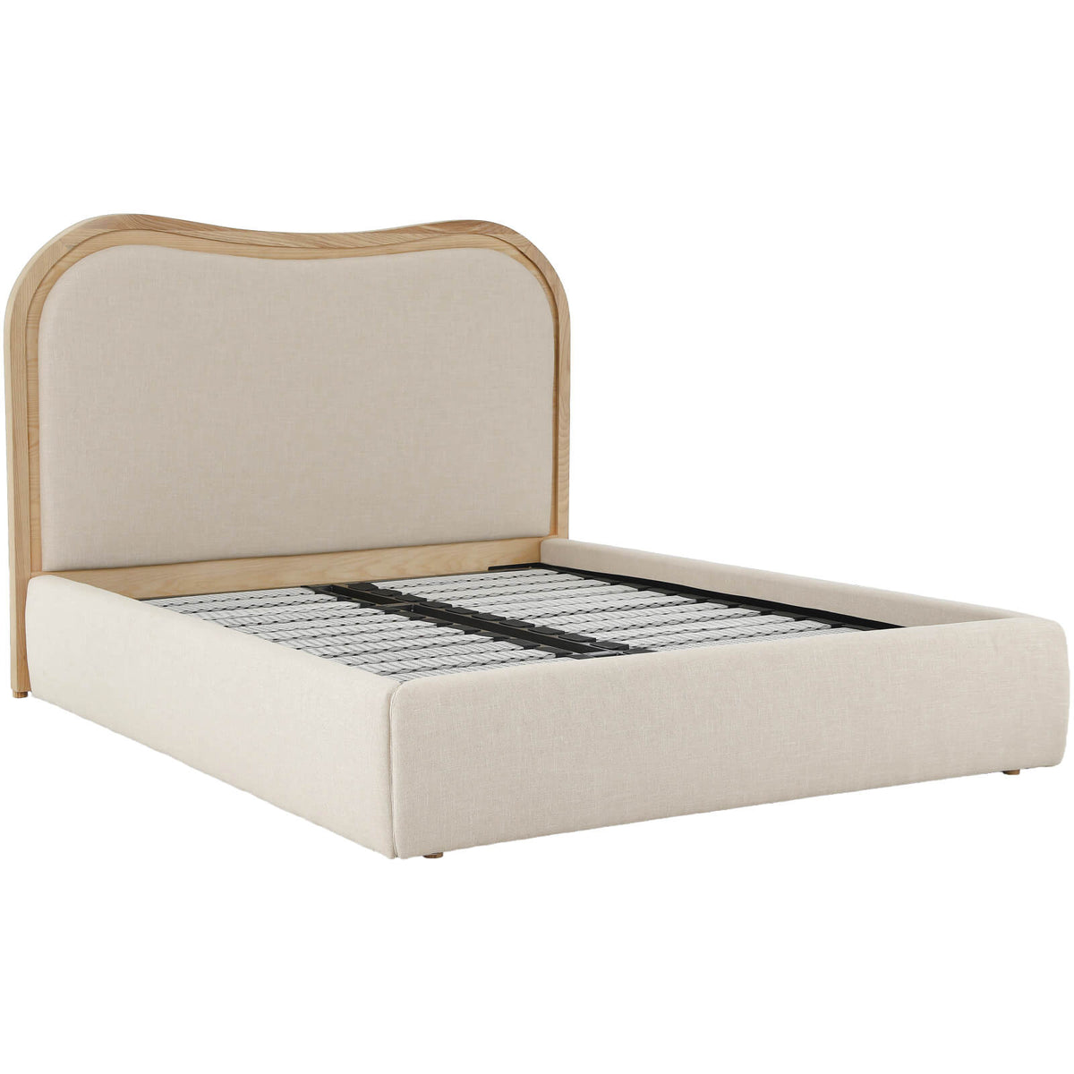 Wycombe organic-modern bed with curved oak surround styled with layered linen bedding