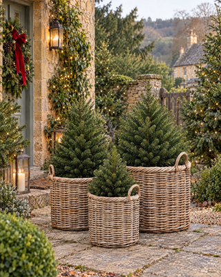 Three small evergreen trees in woven wicker planters arranged on a stone patio outside a stone house with holiday greenery, lanterns, and a red wreath.