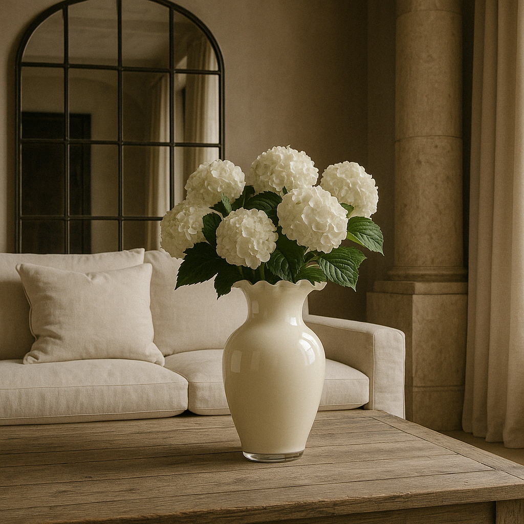 Yasmin Off White Handblown Glass Vase, featuring a uniquely wavy lip. Experience the delicate beauty of this handcrafted masterpiece in your home.

Dimensions:
H 28cm W 15.5cm&nbsp;


Weight&nbsp;
0.75kgs