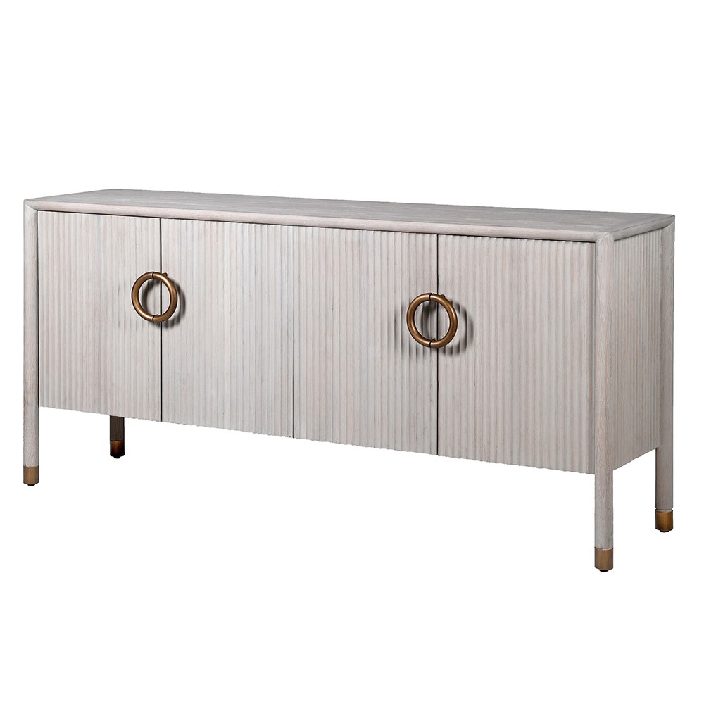 The Zahara white oak sideboard features four doors and is crafted from premium oak and oak veneer and finished in an off white with a fluted detail.

Complete with a gorgeous round handle finished in bronze