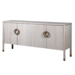 The Zahara white oak sideboard features four doors and is crafted from premium oak and oak veneer and finished in an off white with a fluted detail.

Complete with a gorgeous round handle finished in bronze