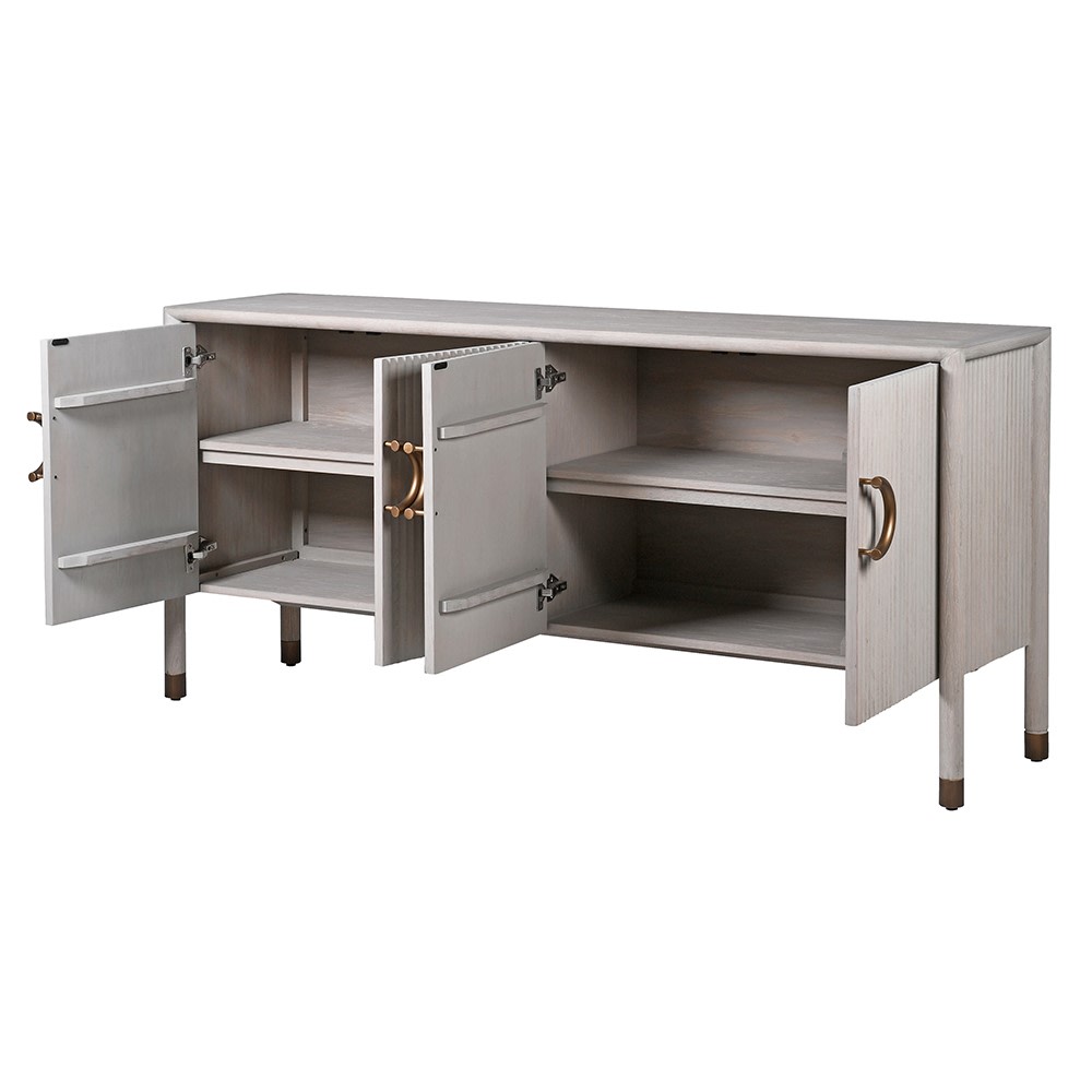 The Zahara white oak sideboard features four doors and is crafted from premium oak and oak veneer and finished in an off white with a fluted detail.

Complete with a gorgeous round handle finished in bronze