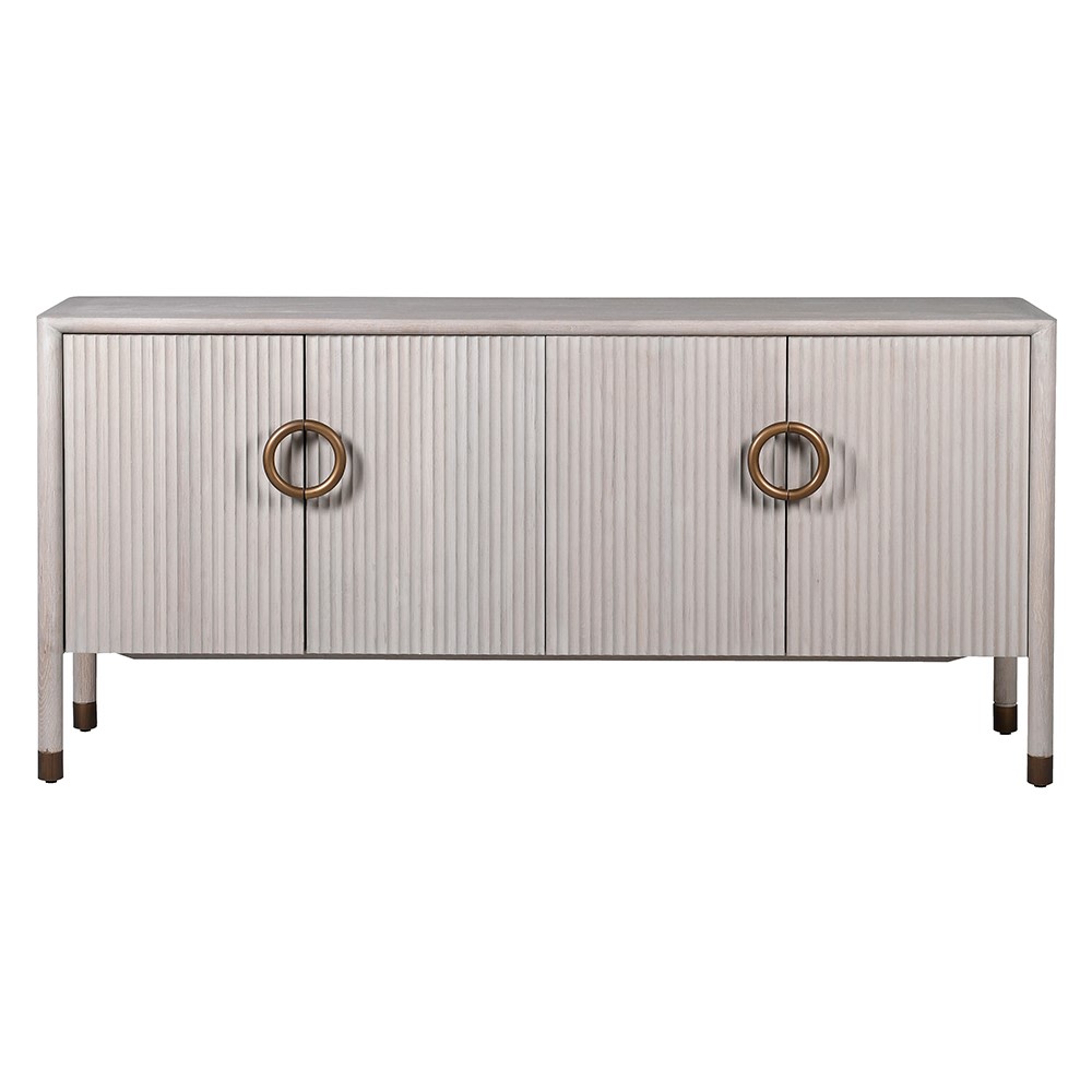 The Zahara white oak sideboard features four doors and is crafted from premium oak and oak veneer and finished in an off white with a fluted detail.

Complete with a gorgeous round handle finished in bronze