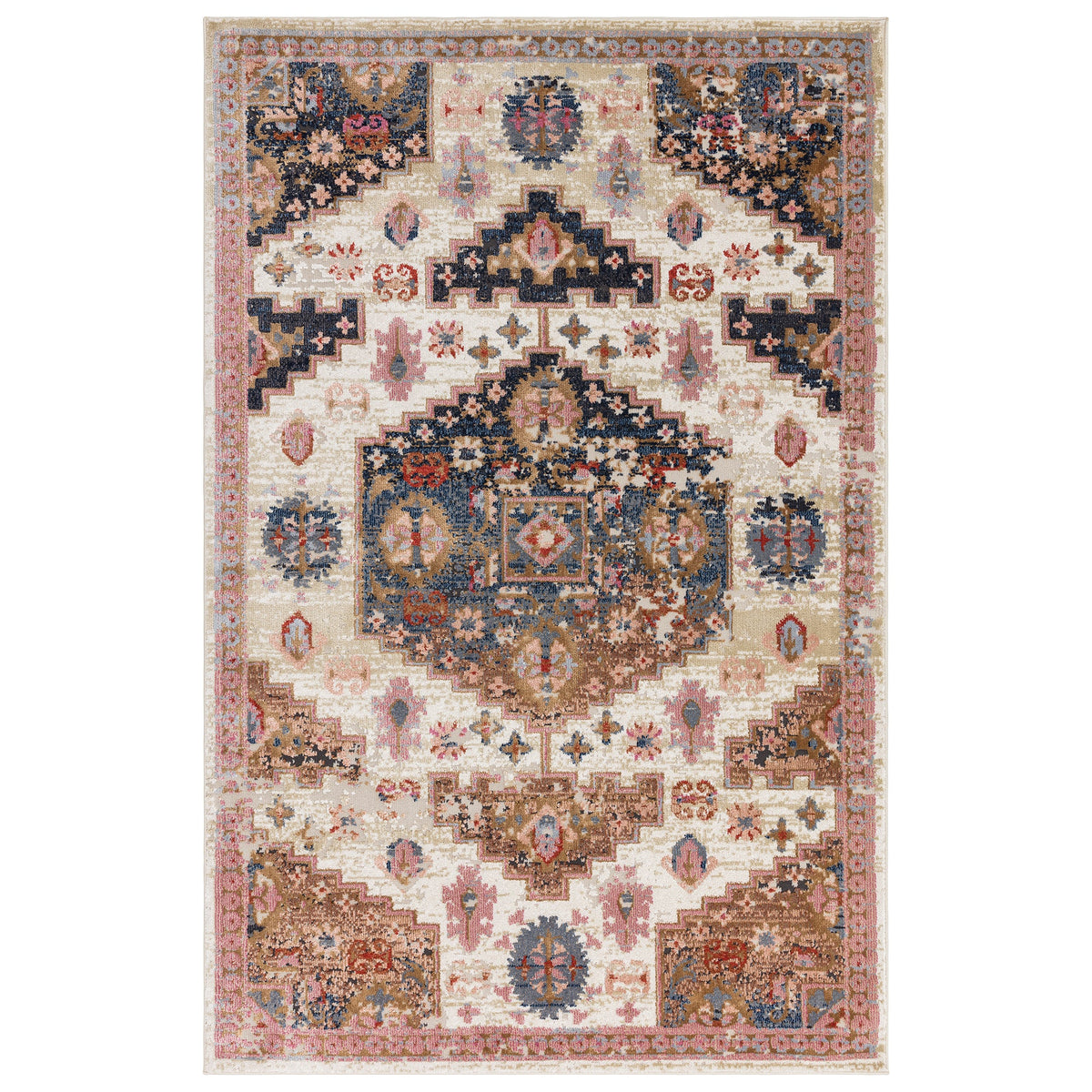 Zola Aras traditional rug in terracotta and blue, full flat view