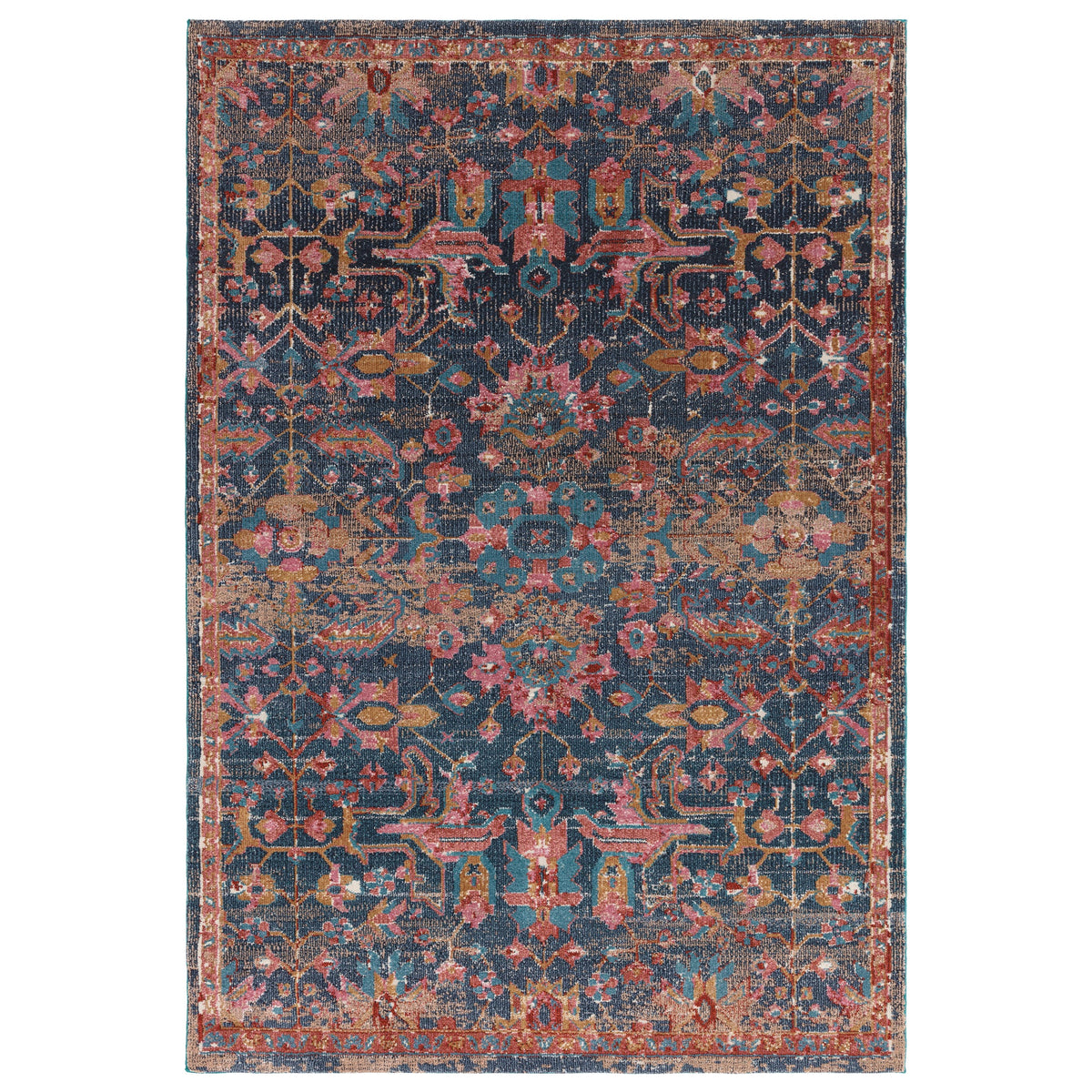 Zola Evin traditional rug in turquoise and pink, full flat view