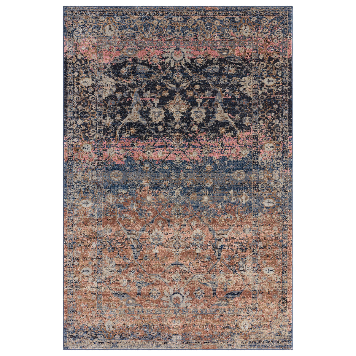Zola Fasa traditional rug in terracotta and pink, full flat view