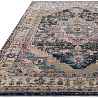 Close-up of the Zola Razan rug pattern in blue and red