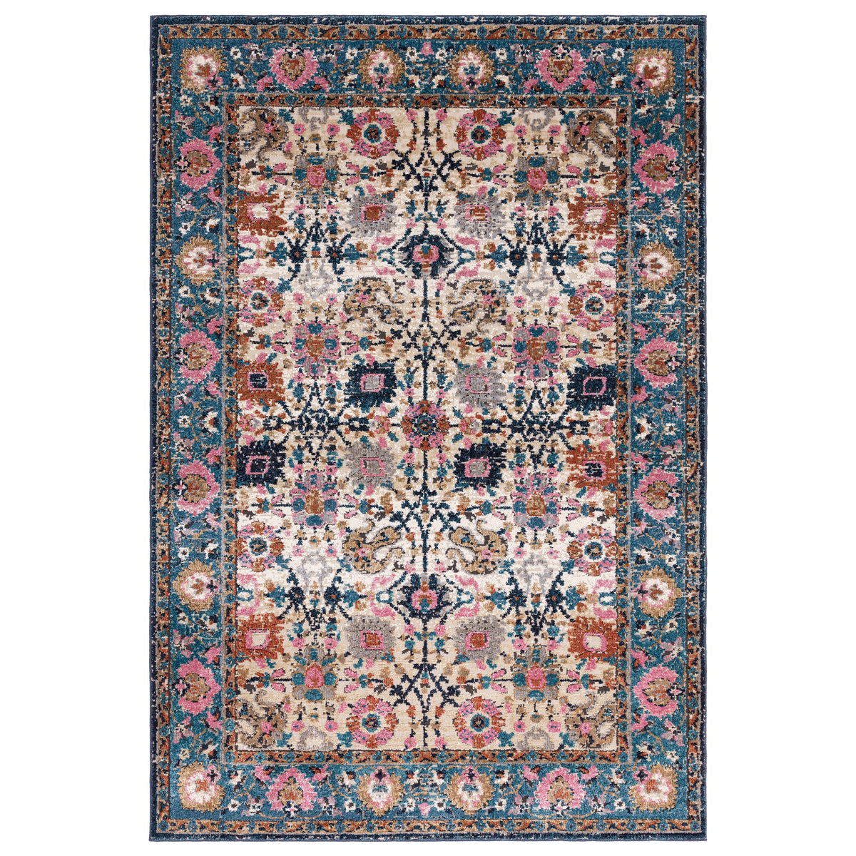 Zola Sarab traditional rug in turquoise and pink, full flat view