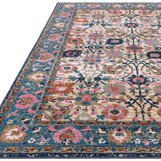 Close-up of the Zola Sarab rug pattern in turquoise and pink