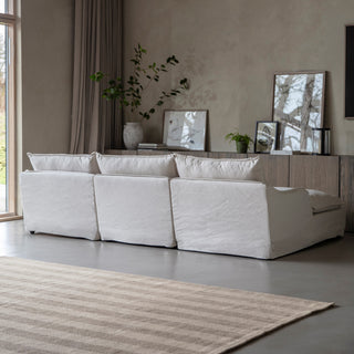 Close up of the oatmeal linen blend upholstery on the Bibury chaise sofa