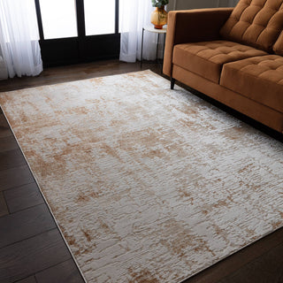 Anders abstract rug in beige and honey styled in a living room