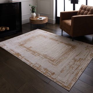 Anders bordered rug in ivory and golden brown styled in a living room