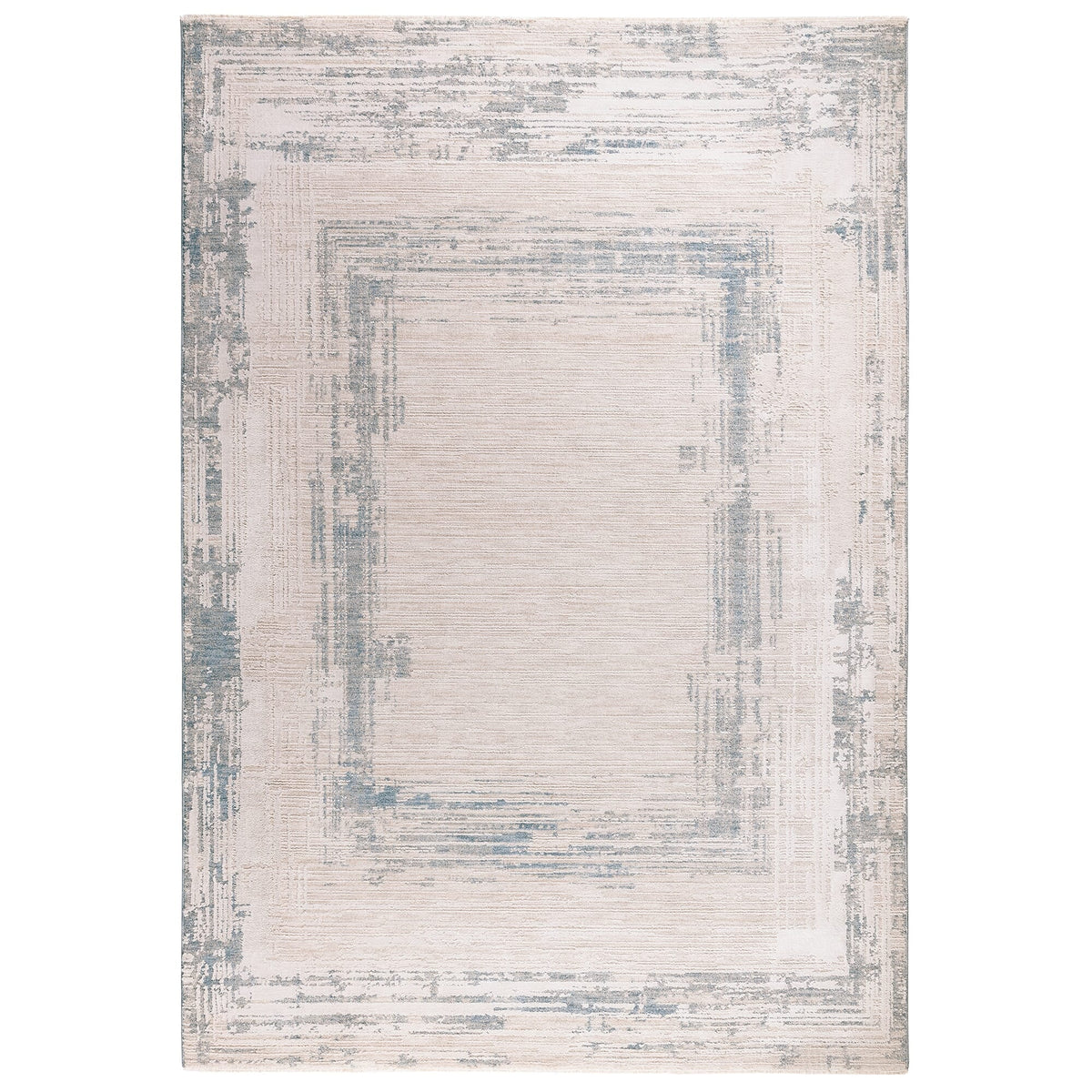 Anders bordered rug in ivory and powder blue, full flat view