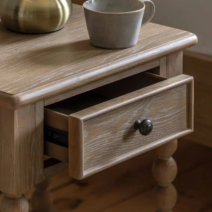Antoine Bedside Table Limewashed Oak & Oak Veneer - CharlesTed Home