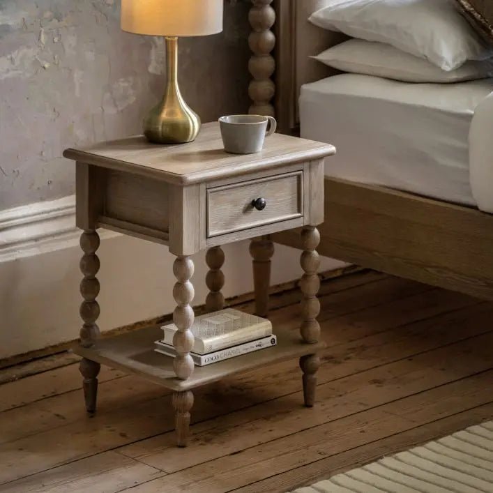 Antoine Bedside Table Limewashed Oak & Oak Veneer - CharlesTed Home