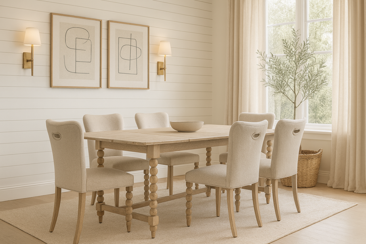 A bright dining room with white shiplap walls, a light wood dining table with spindle legs, and  matching beige upholstered chairs. The set sits on a textured jute rug over light wood floors. Above the table hangs abstract art flanked by two black sconces with white shades. A large window with beige linen curtains lets in natural light, and an olive tree in a woven basket stands in the corner