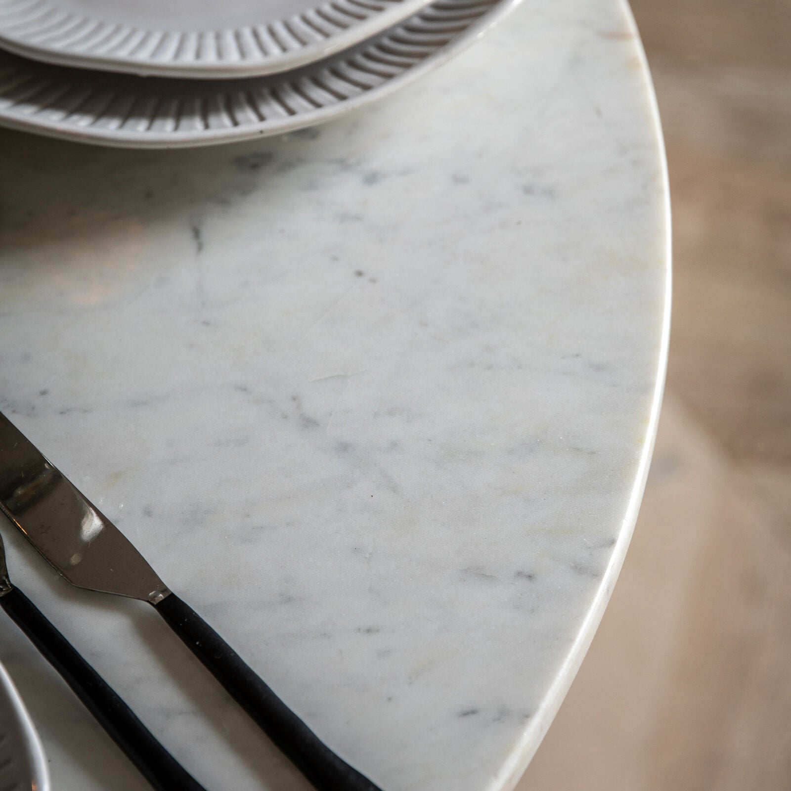 Arya Round Dining Table with Indian white marble top and vertical slatted mango wood base - CharlesTed Home